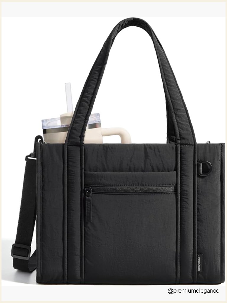 Quilted Puffer Tote Bag With Zipper, 14" Laptop Compartment, Crossbody Strap